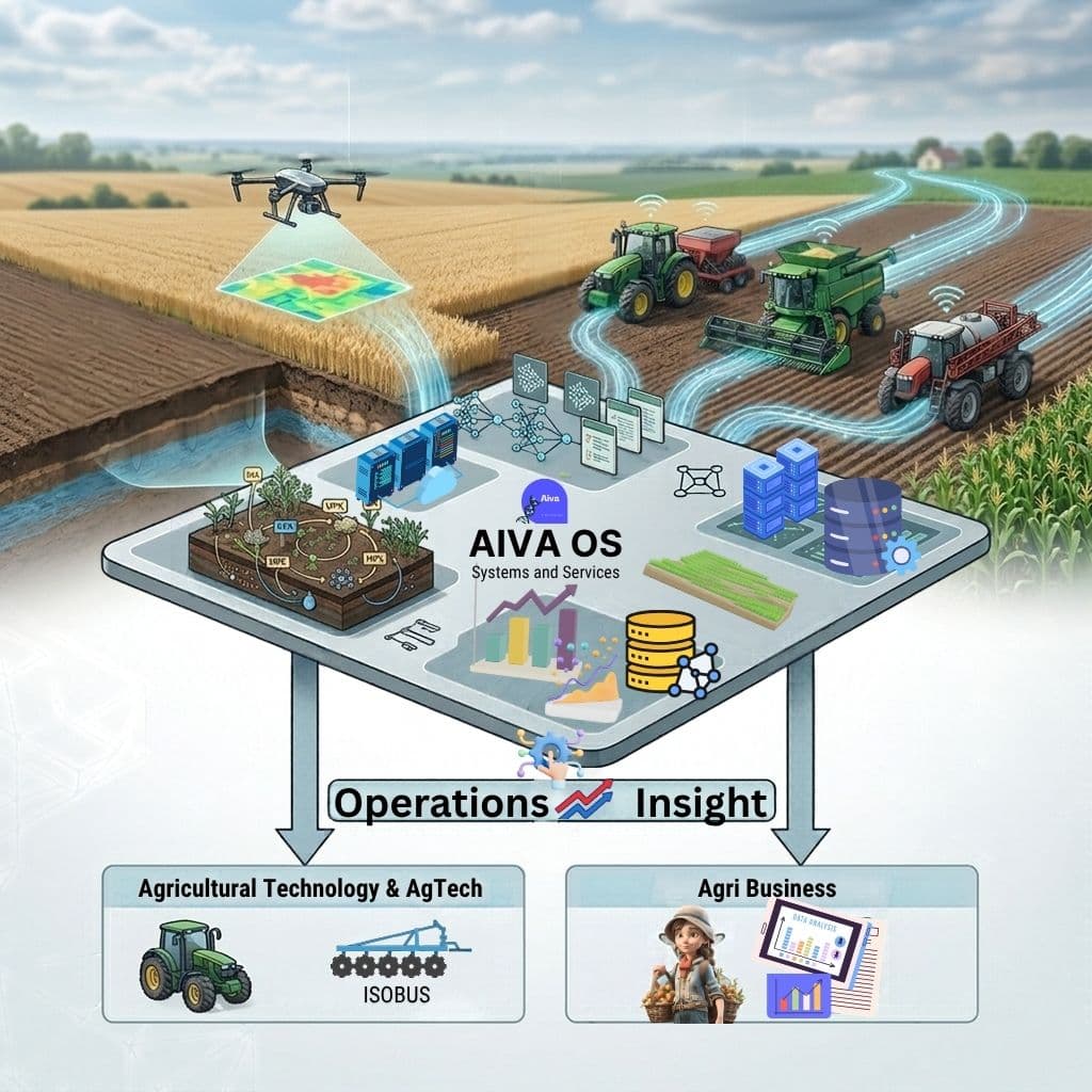 AIVA OS concept architecture showing field and machine data, the AIVA operating layer, and site-specific NPK optimisation workflows.